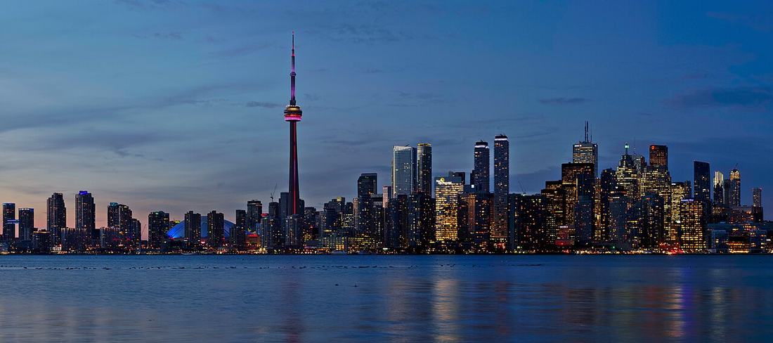 Toronto skyline at sunset, seen from the islands